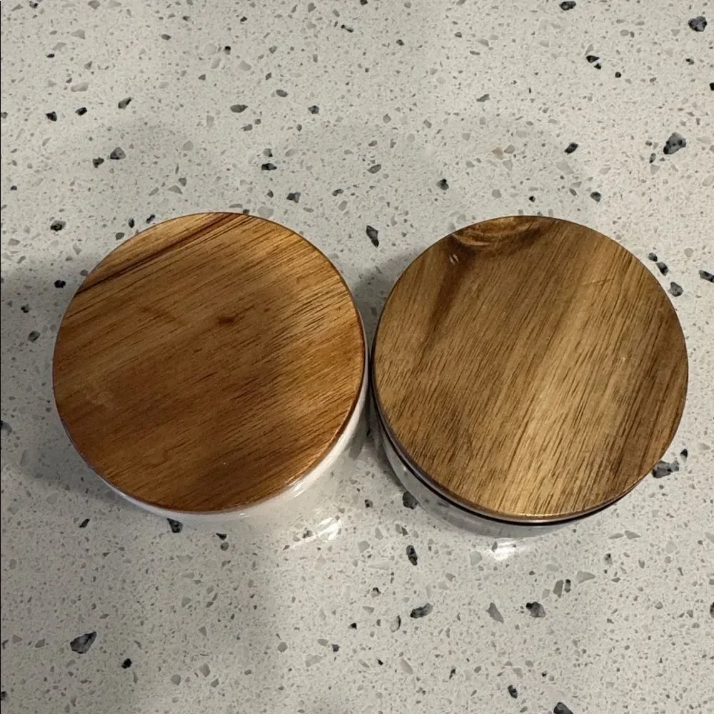 Rae Dunn Ceramic Salt And Pepper Cellars Wooden Lids Artisan Farmhouse Magenta
